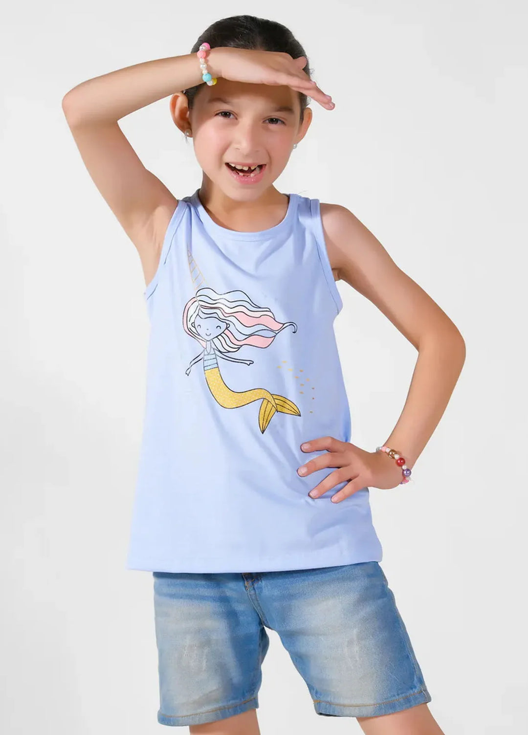 Baby Nest Girls Sando Cartoon Mermaid Sky Blue