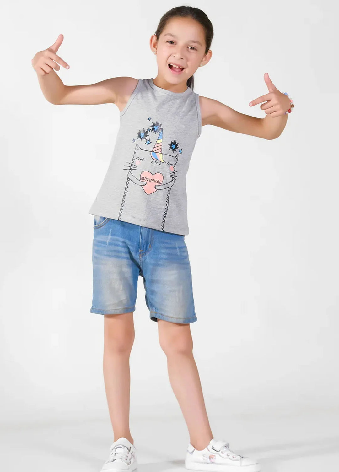 Baby Nest Girls Sando Meowgical Light Gray