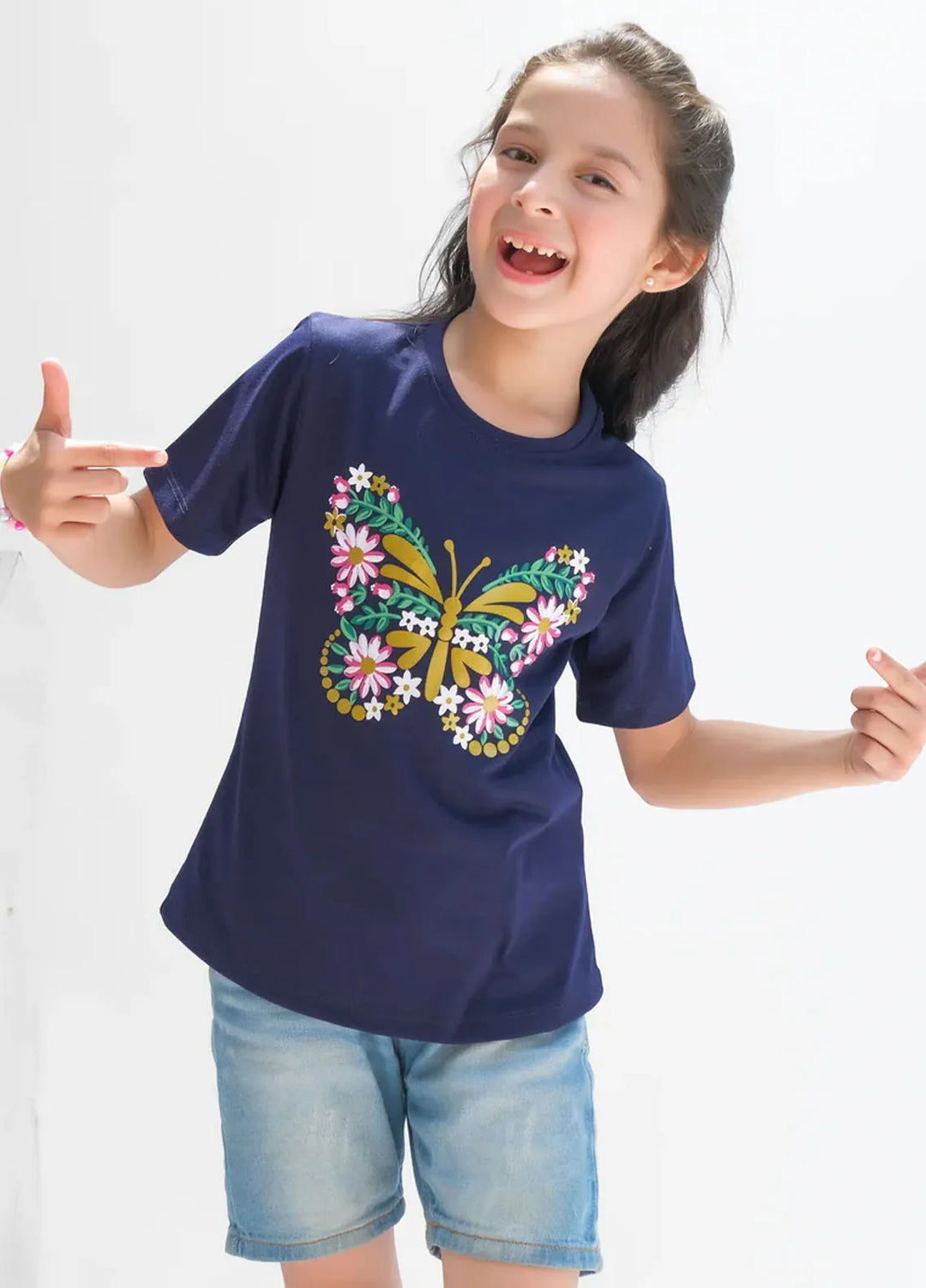 Baby Nest Kids T Shirt Flowers Pattern Butterfly Navy Blue