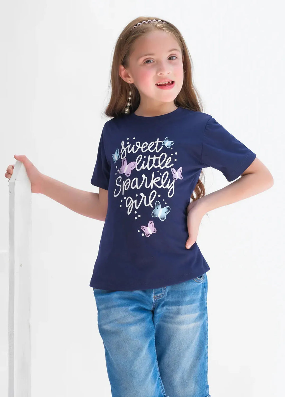 Baby Nest Pret 1 Piece Sweet Little Sparkly Girls Half Sleeves T-Shirts - Navy Blue