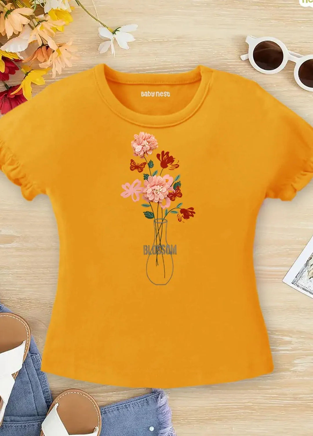 Baby Nest Pret 1 Piece T-Shirt With Embossed Flowers For Girls Half Sleeves Yellow