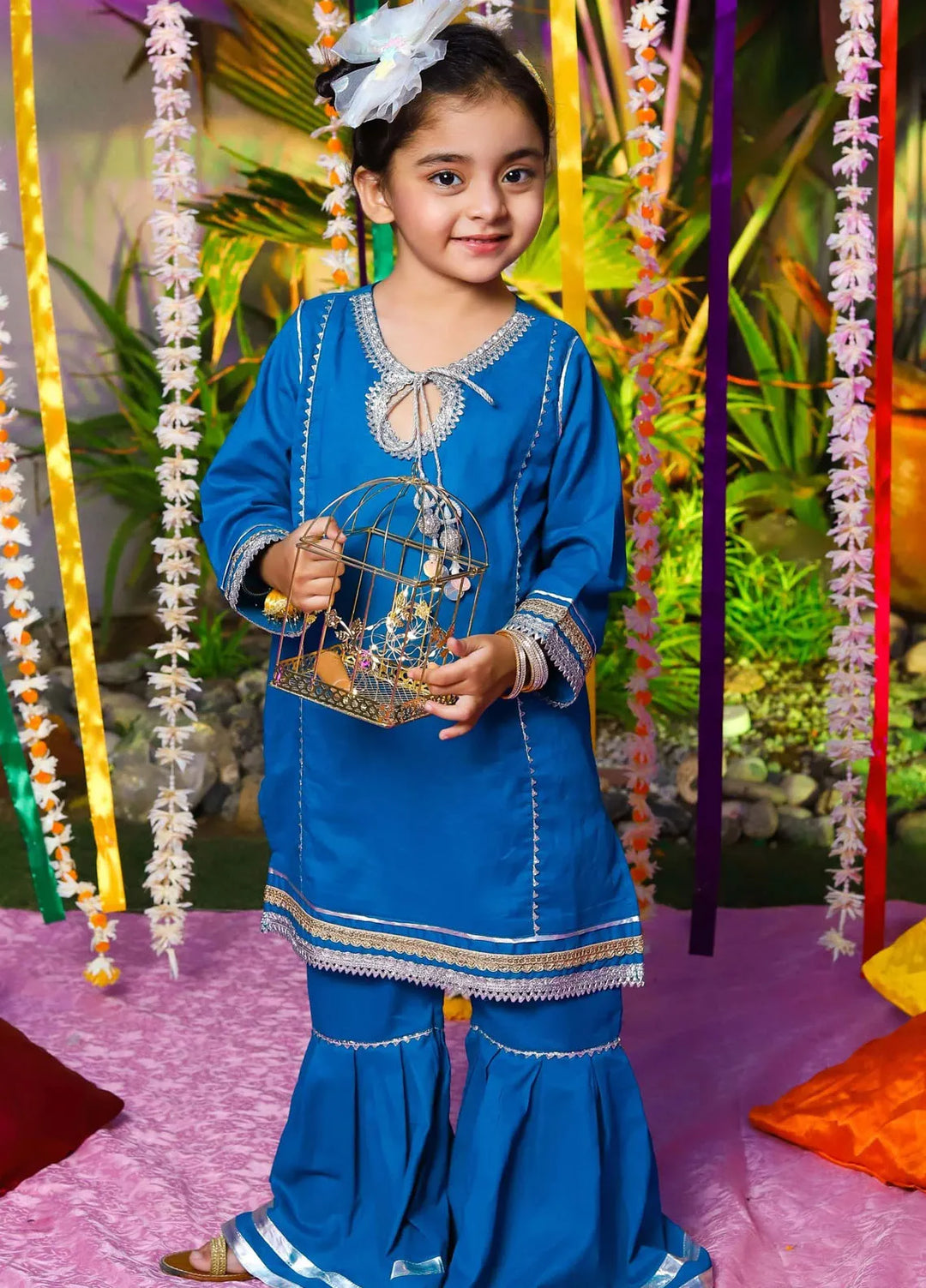 Baby Nest Pret 2 Piece Full Sleeves Semi Formal Shirt With Pleated Gharara Pants- Crystal Teal