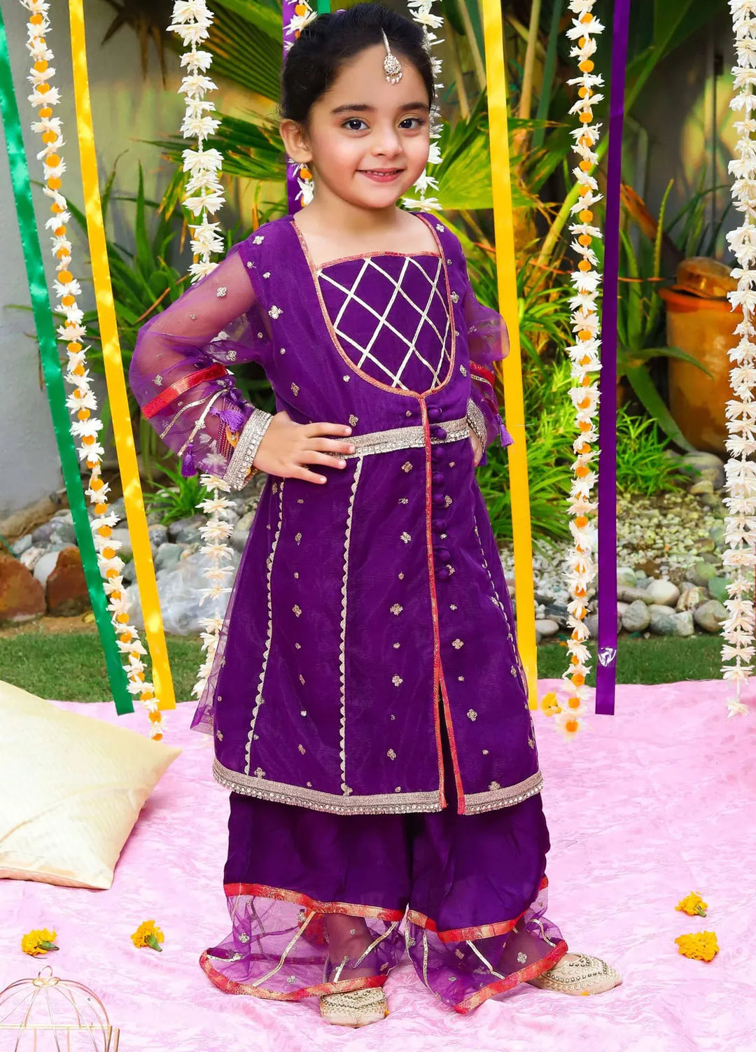 Baby Nest Pret 2 Piece Full Sleeves Zari Embroidered Net, Semi Formal Frock With Plazzo Pants- Blooming Purple