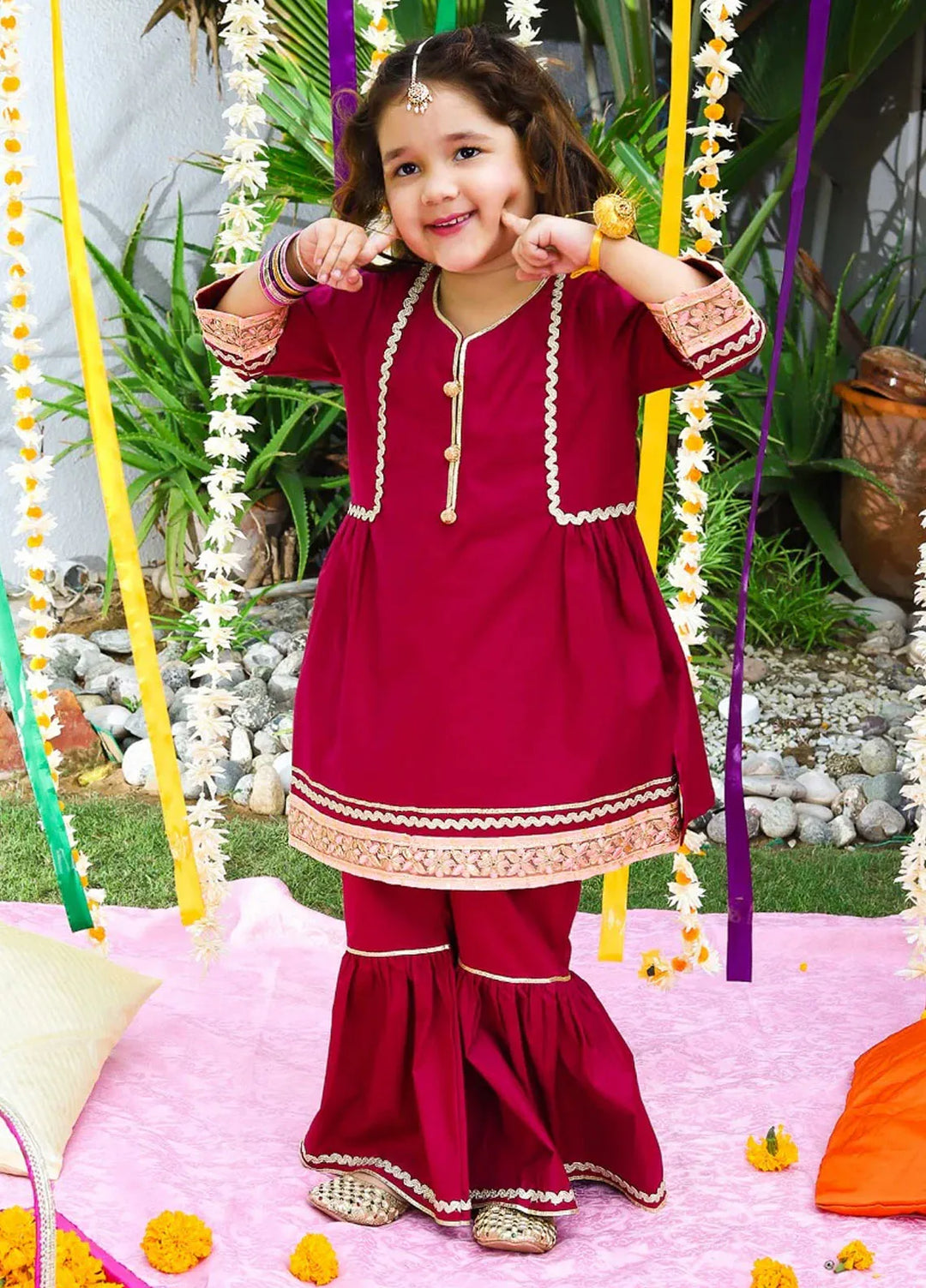 Baby Nest Pret 2 Piece Three Fourth Sleeves Semi Formal Shirt With Gharara Pants- Berry Maroon
