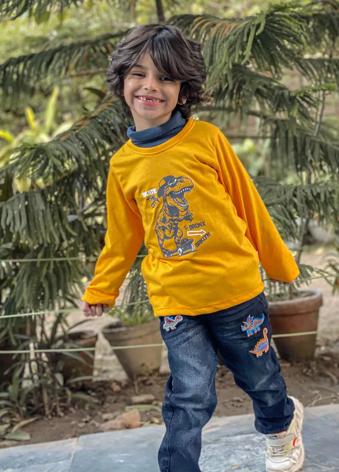 Baby Nest Pret Printed 1 Piece Yellow Dino Style Skate the City Full Sleeves T-shirt Bndr-103