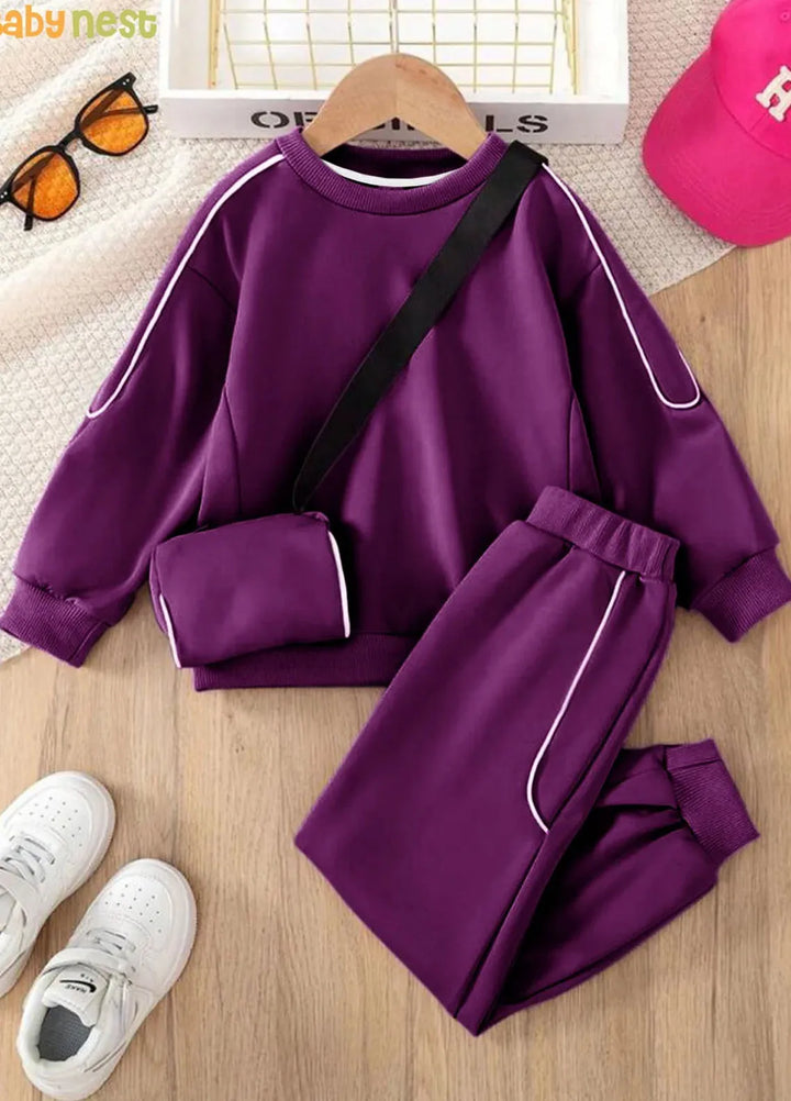 Baby Nest Royal Purple Cozy Explorer Fleece Tracksuit for Kids with Sling Bag