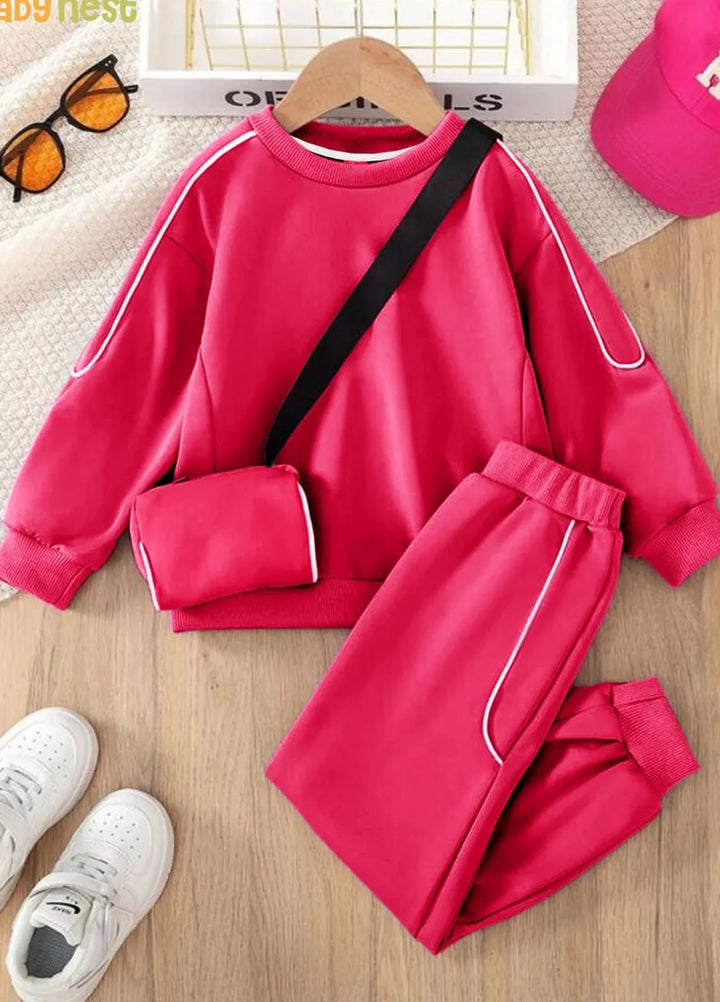 Baby Nest Vibrant Pink Cozy Explorer Fleece Tracksuit for Kids with Sling Bag