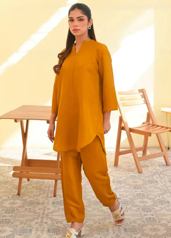 Basics by Zauk Pret Solid Raw Silk 2 Piece Suit Mustard
