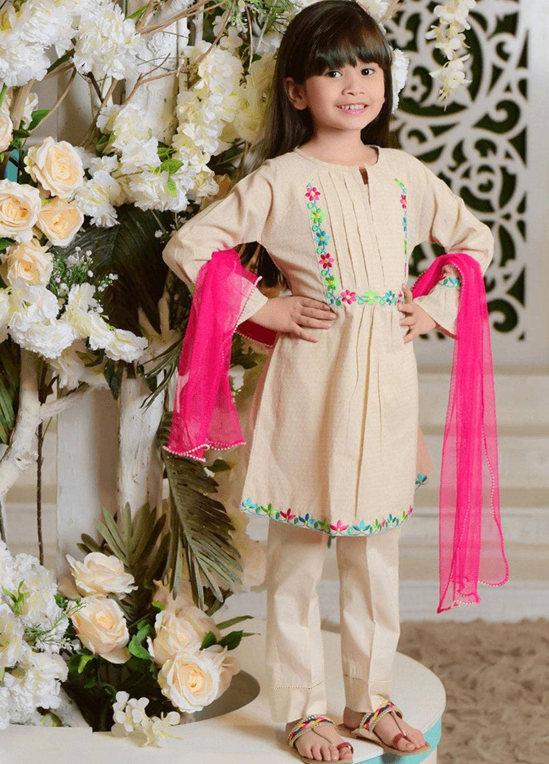 Ochre 3 Piece for Girls - Beige Chambray 3 Piece Suit OFK-667