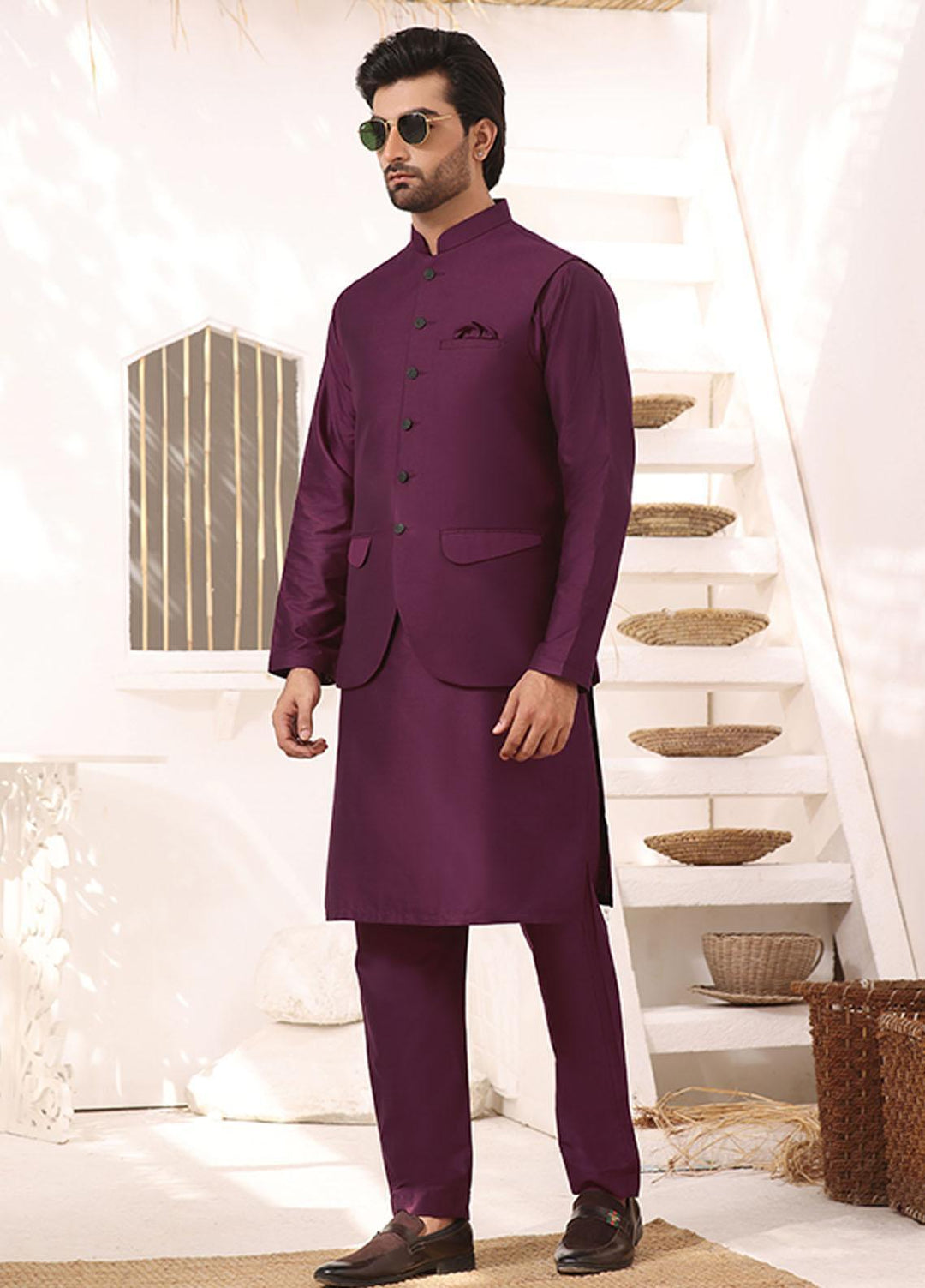 Bin Musab Silk Formal 3 Piece Suit for Men -  BM-000032 Boysenberry