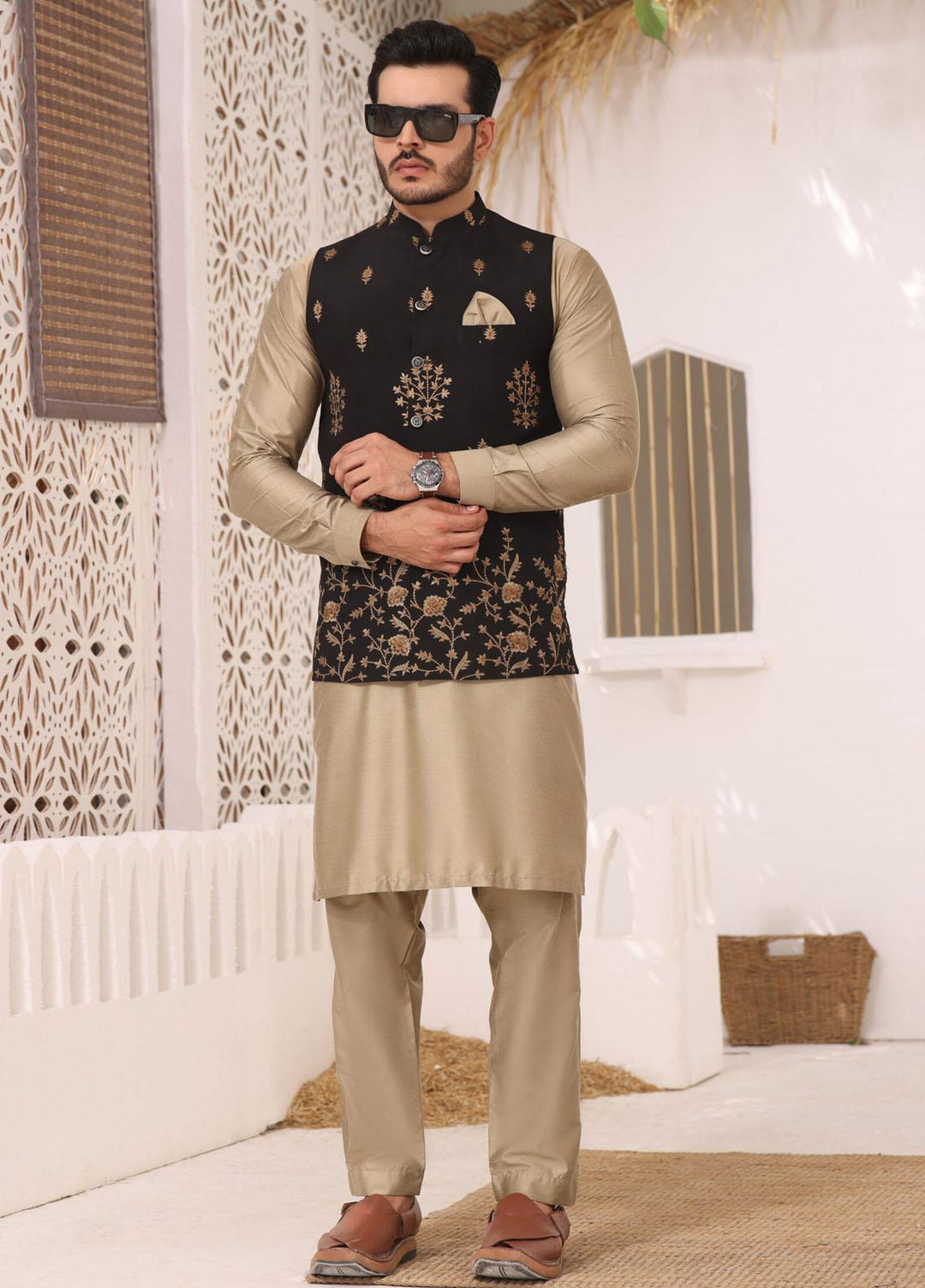 Bin Musab Raw Silk Formal 3 Piece Suit for Men - BM-000036 Ford Black