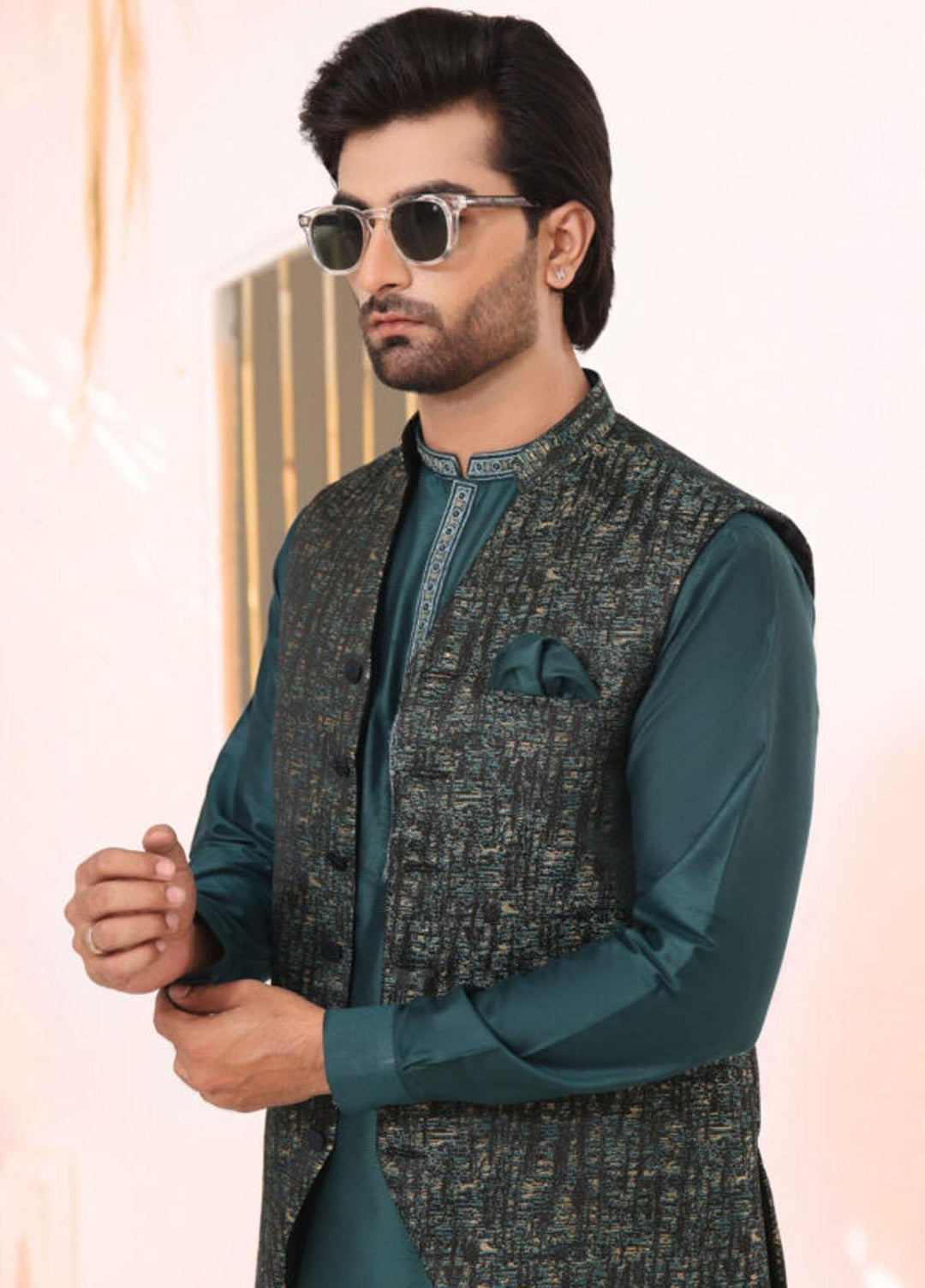 Bin Musab Jacquard Formal 3 Piece Suit for Men - BM-000040 Ocean Shadow