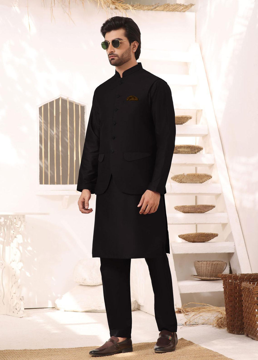 Bin Musab Silk Formal 3 Piece Suit for Men - BM-000046 Black Shadow