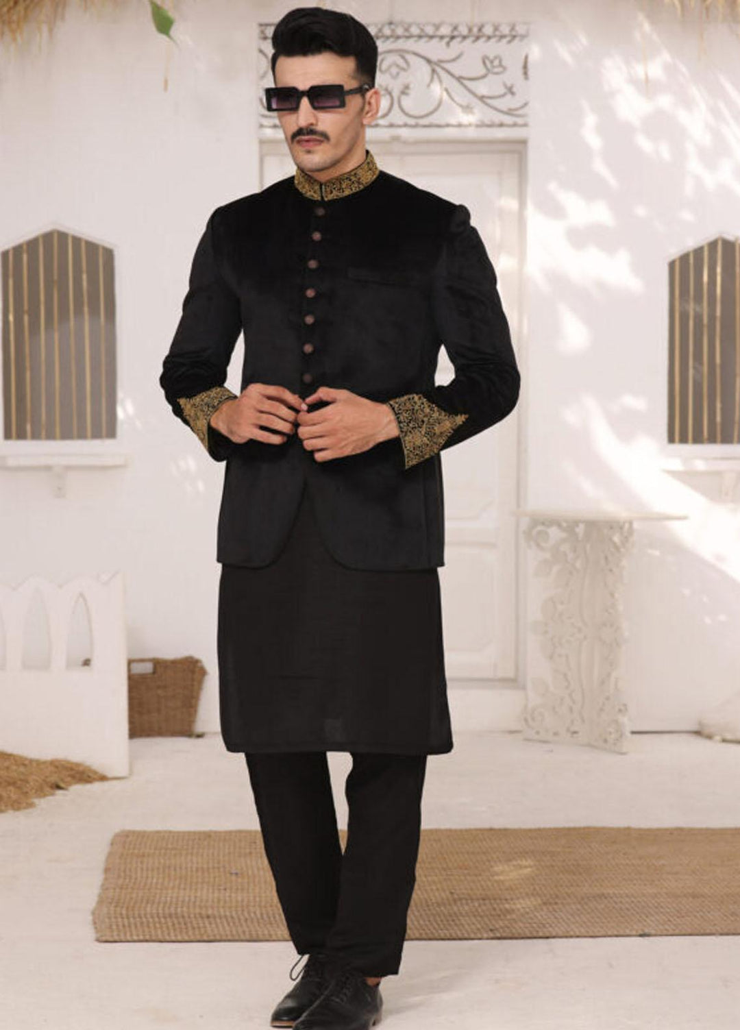 Bin Musab Velour   Prince Coat for Men -  BM-000028 Alsker Black