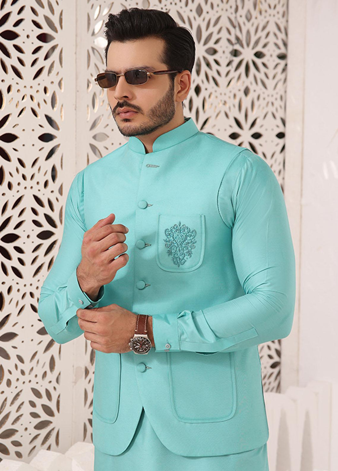 Bin Musab Silk Formal Waistcoats for Men - BM-000027 Teal Tan