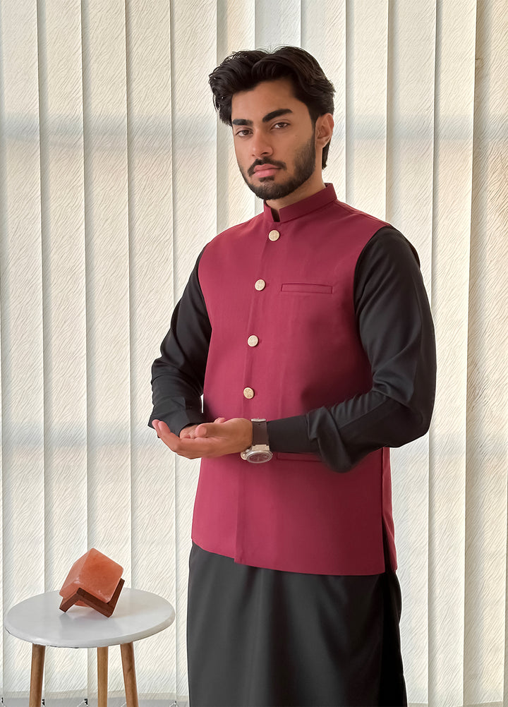 Black Kurta Shalwar with Maroon Waistcoat