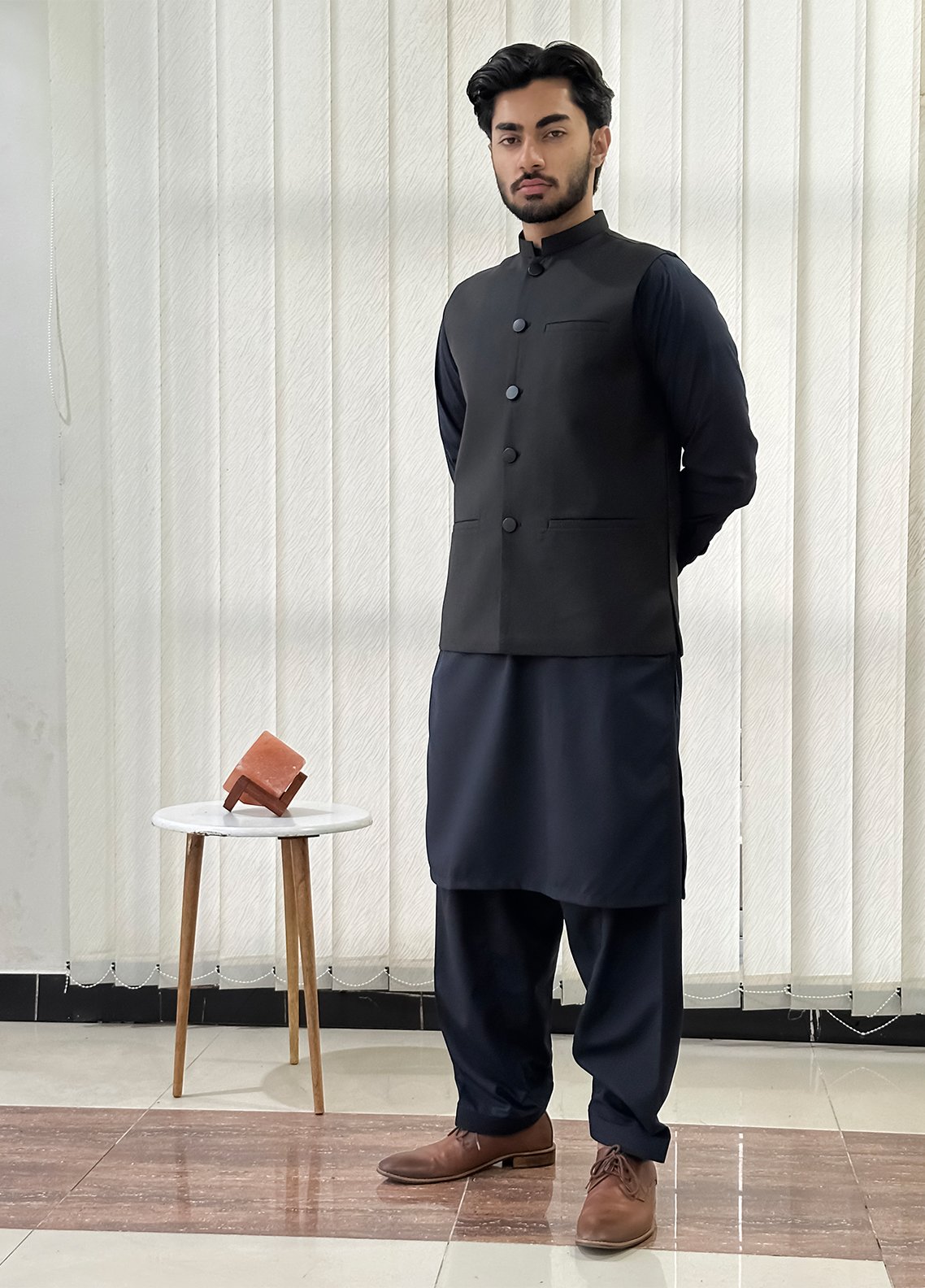 Black Waistcoat with Navy Blue Shalwar Kameez – Sanaulla Store