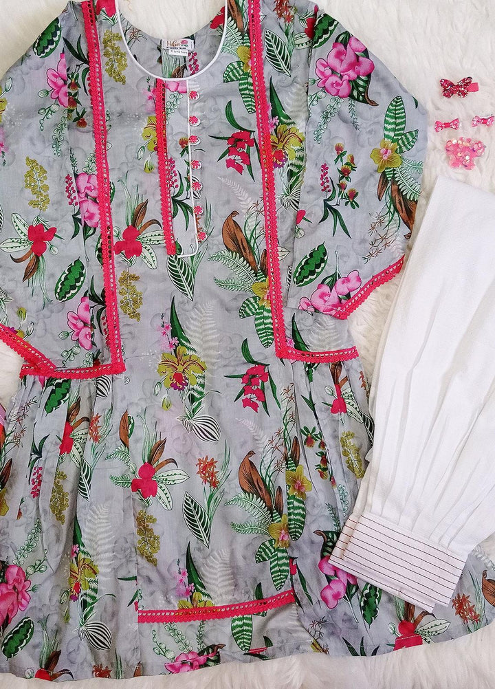 Hiba Clothing Lawn Casual 2 Piece Suit for Girls -  HBT-007 Grey Pink