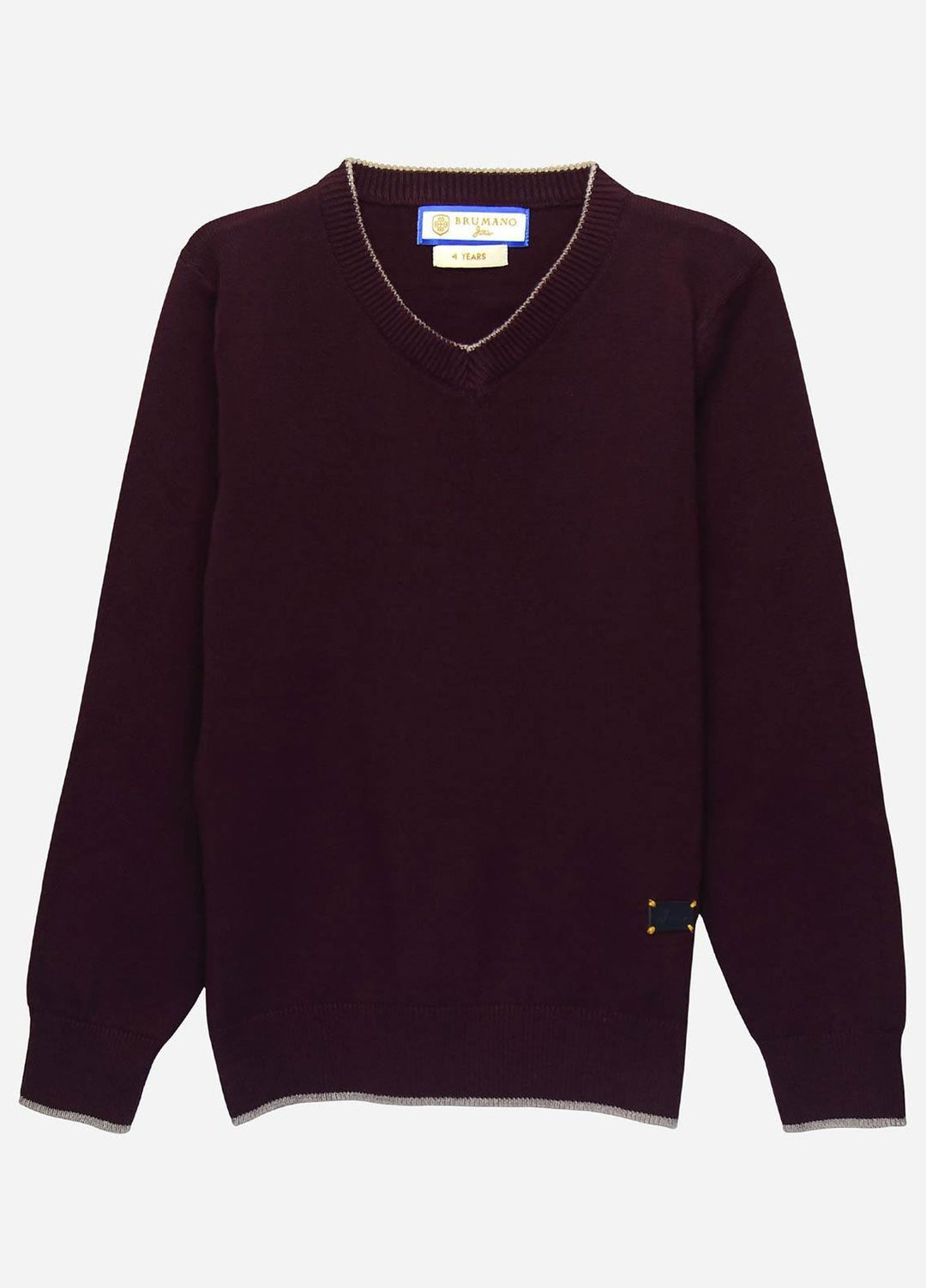 Brumano Cotton Full Sleeves Sweaters for Boys - BM20SW Burgundy Casual V-Neck Sweater-Junior