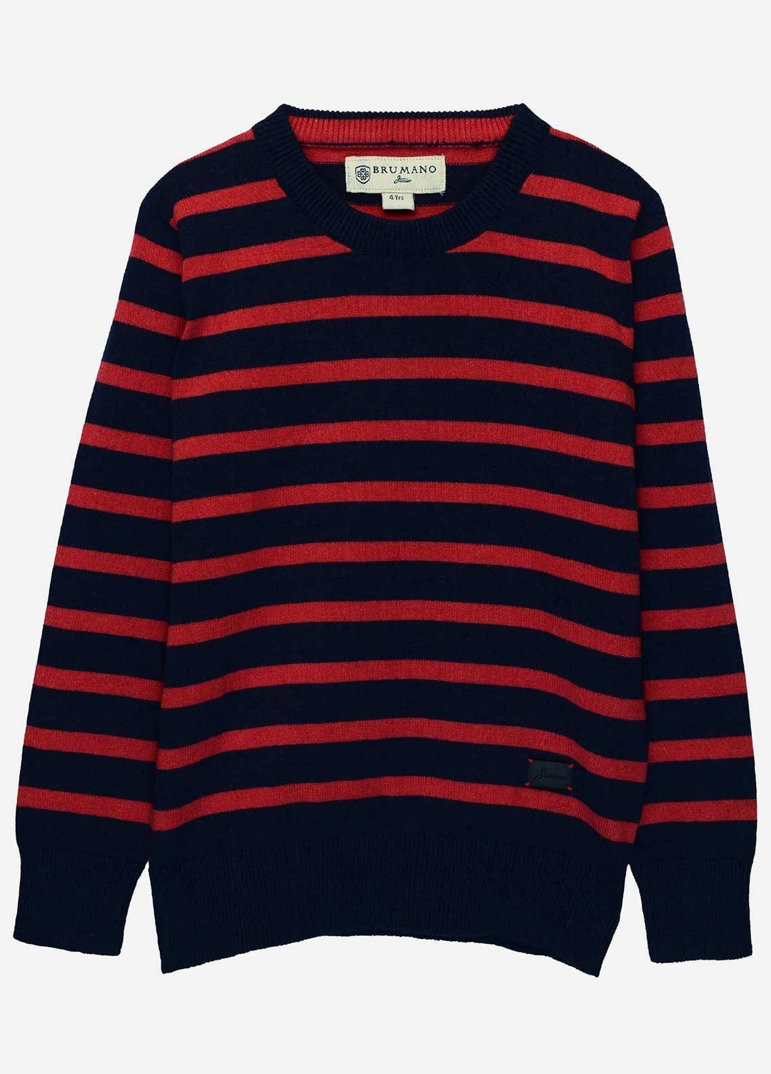 Brumano Cotton Full Sleeves Sweaters for Boys - BM20SW Red & Blue Striped Crew Neck Sweater - Junior