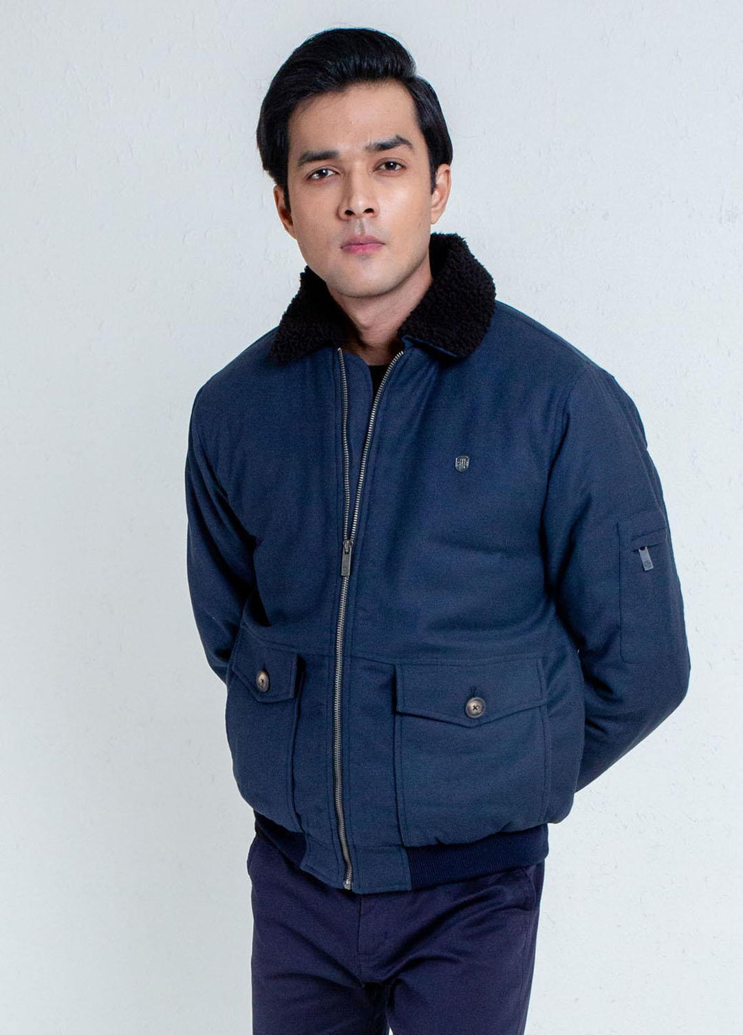 Brumano Polyester Casual Mens Jackets - Navy Blue Aviator Jacket With Sherpa Collar BRM-1286