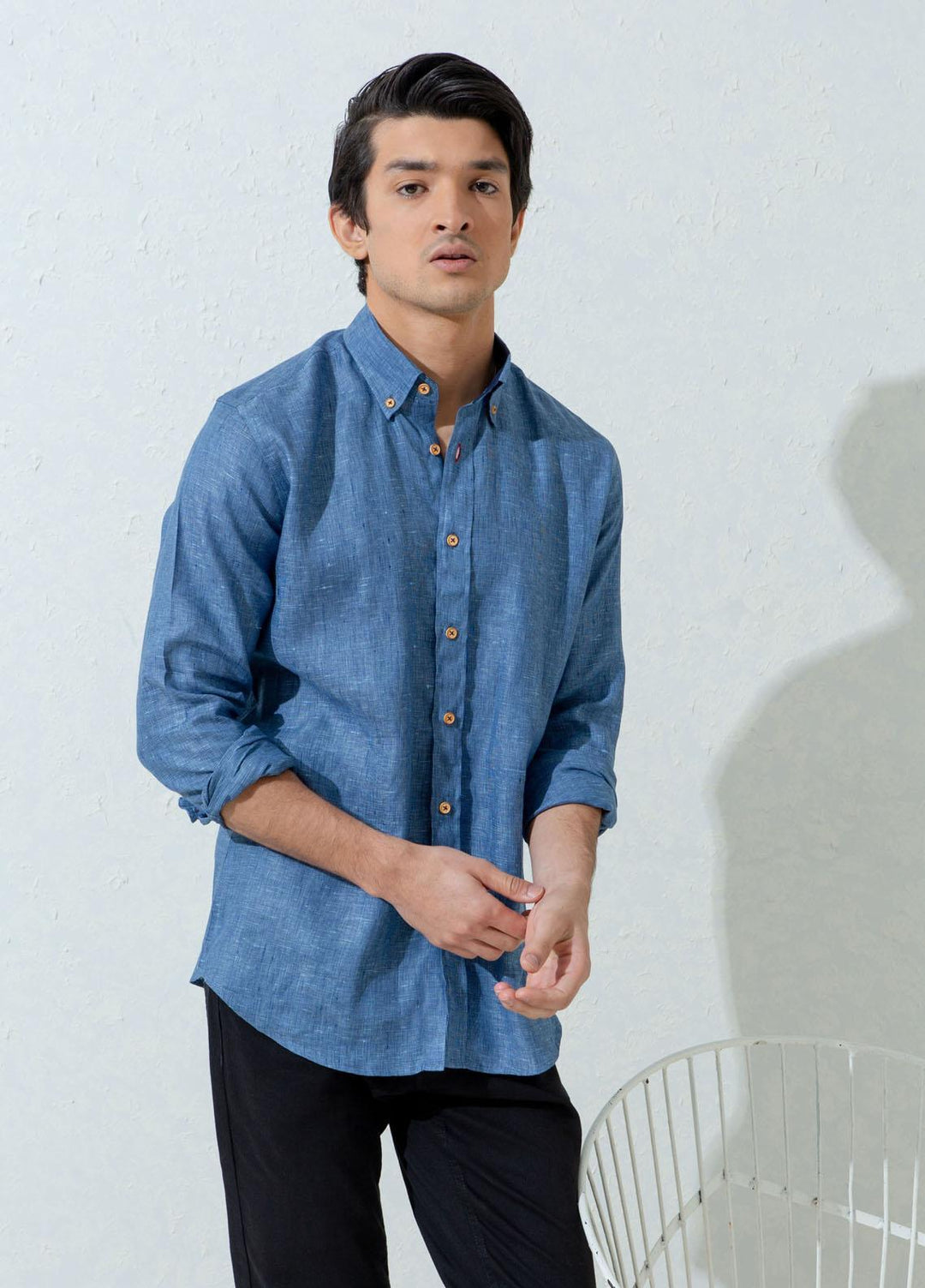 Brumano Cotton Casual Mens Shirts - Blue Linen Structured Button Down Shirt