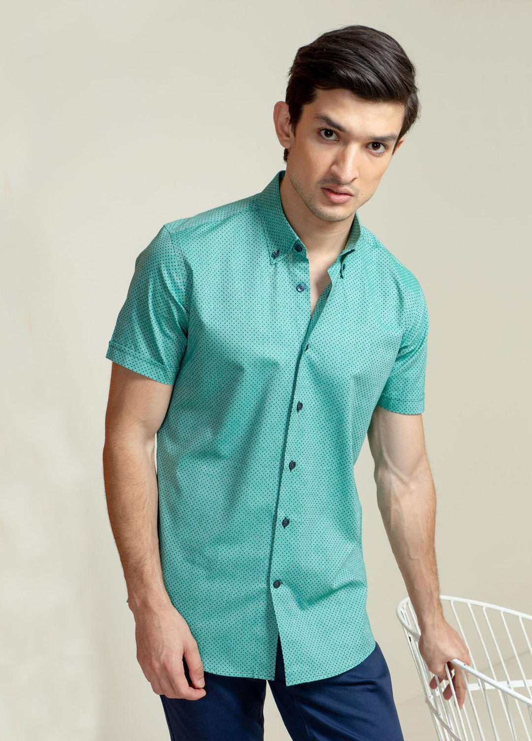 Brumano Cotton Casual Shirts for Mens - Green Polka Dot Half Sleeve Shirt