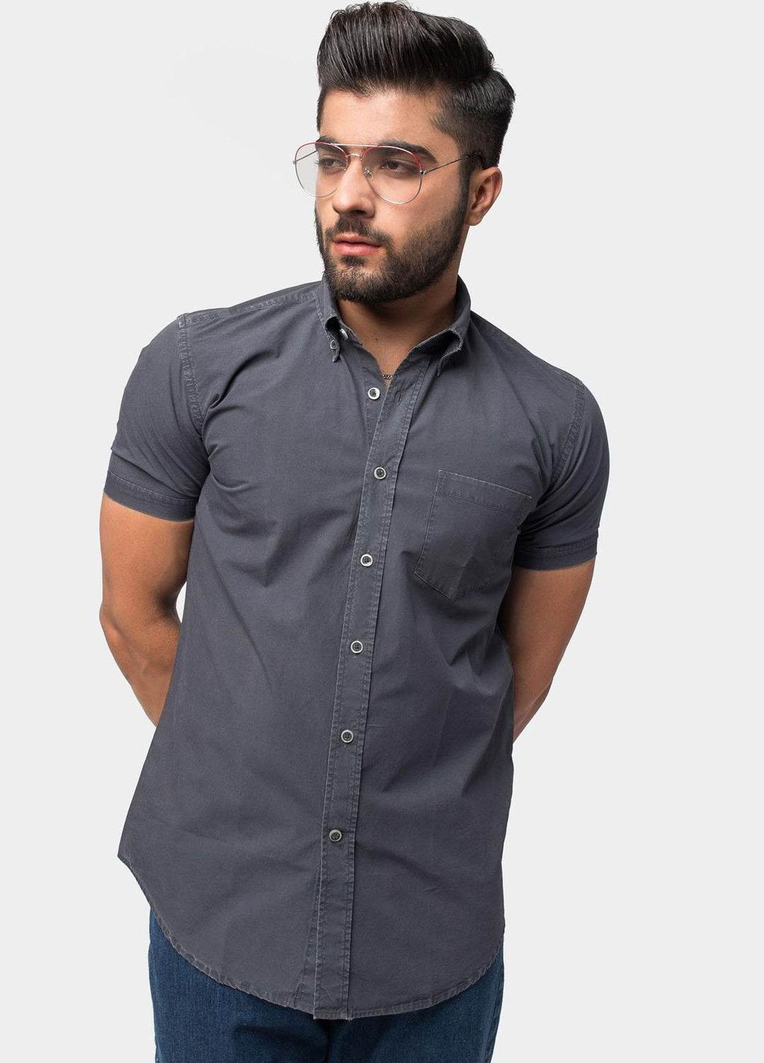 Brumano Cotton Casual Mens Shirts - Grey Over-Dyed Half Sleeve Shirt
