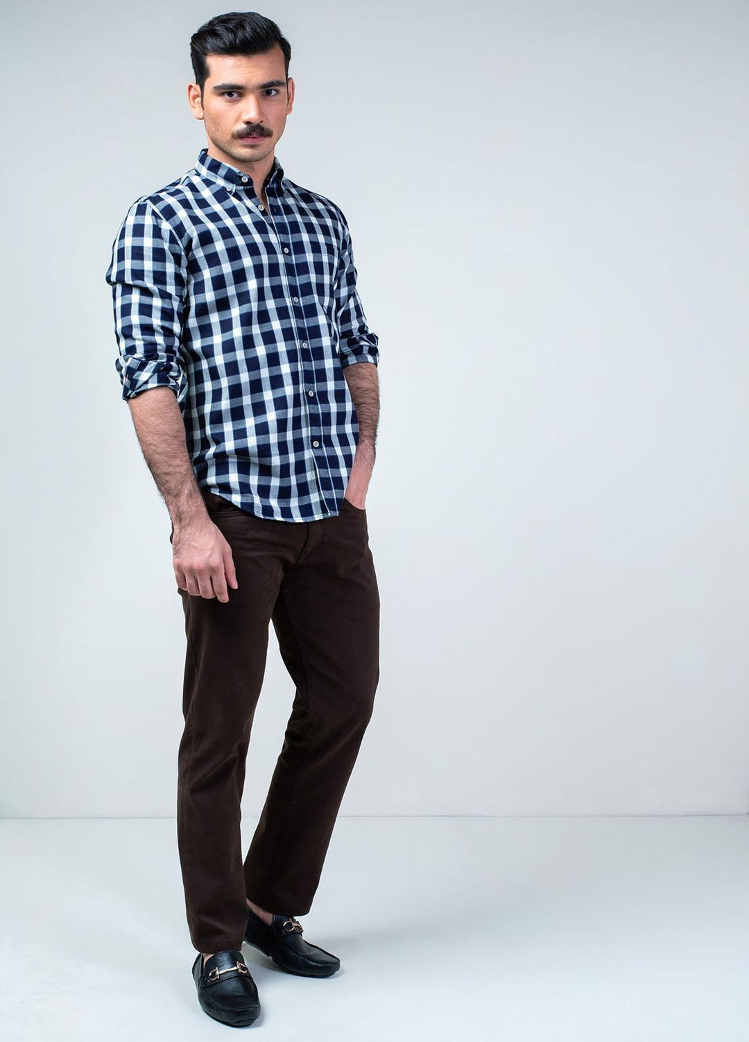 Brumano Cotton Casual Mens Shirts - Blue & White Indigo Checkered Shirt