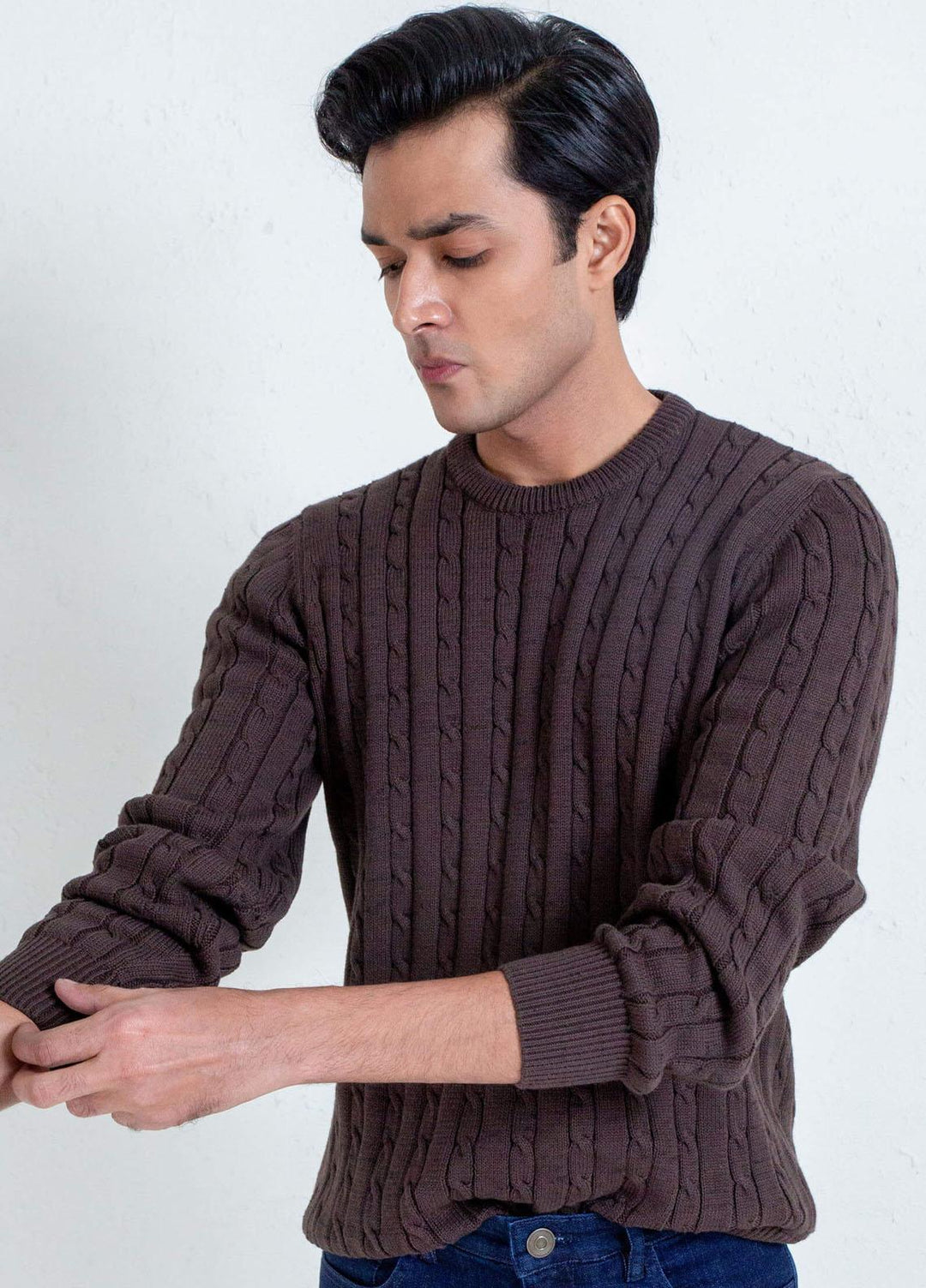 Brumano Cotton Casual Mens Sweaters - Classic Brown Cable Knit Crew Neck Sweater
