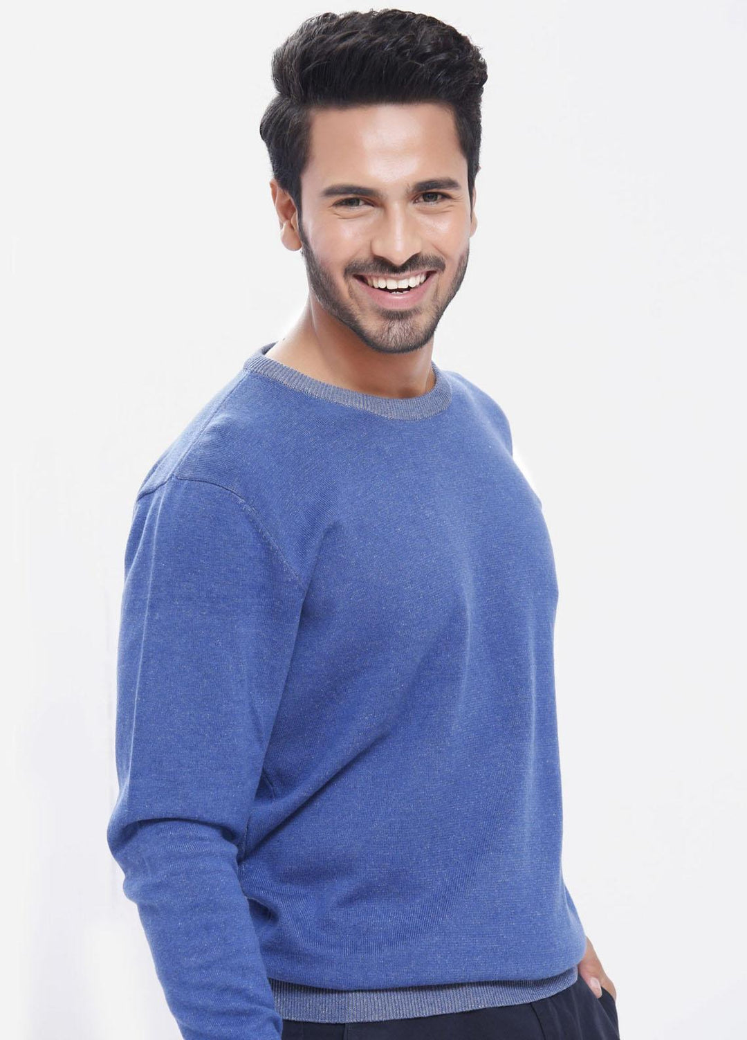 Brumano Cotton Casual Mens Sweaters - Two-Tone Blue Crew Neck Sweater