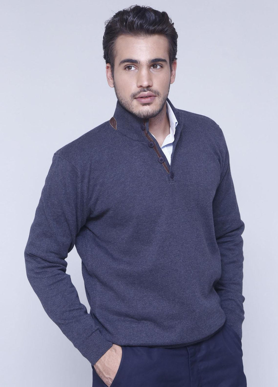 Brumano Cotton Casual Mens Sweaters - Dark Grey Full sleeve mock neck with leather detailing