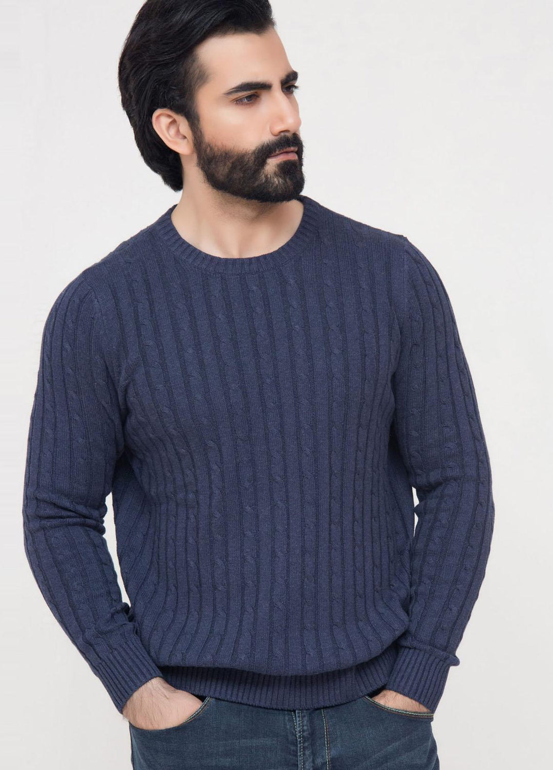 Brumano Cotton Casual Mens Sweaters - Navy Cable Knit Crew Neck Sweater