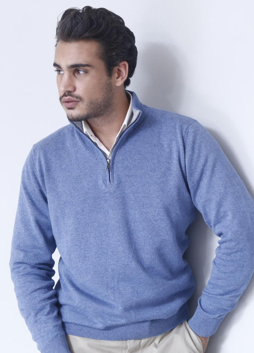 Brumano Cotton Casual Mens Sweaters - Blue Half Zipper With Leather Patch