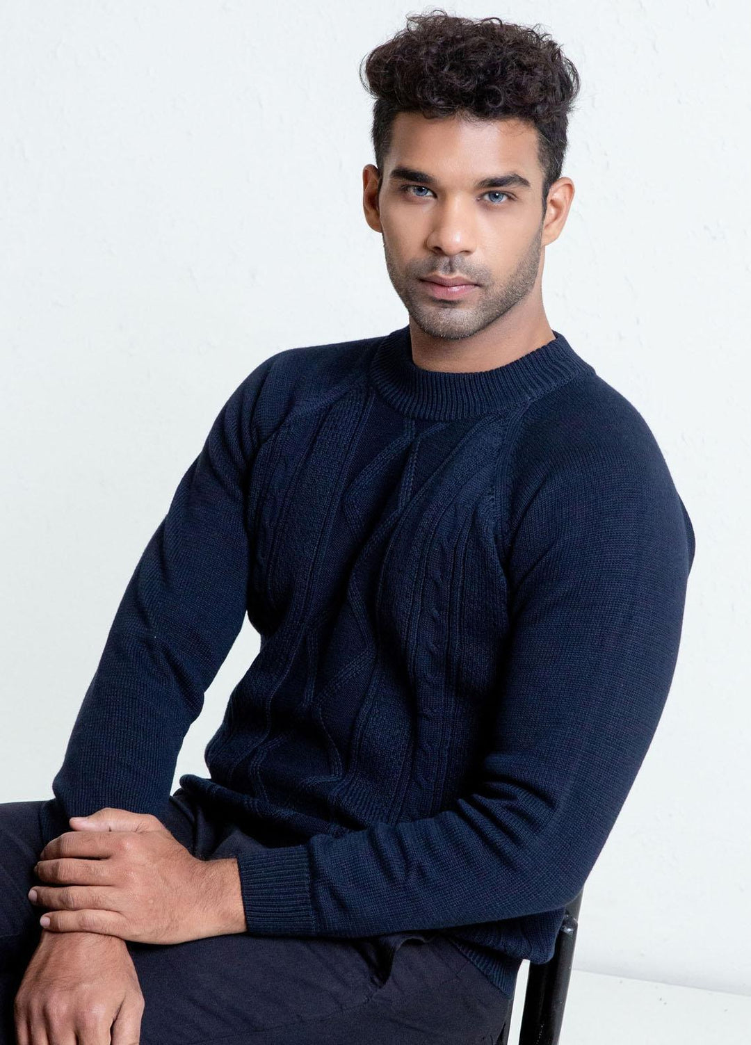 Brumano Cotton Casual Mens Sweaters - Navy Blue Cable Knitted Mock Neck Sweater
