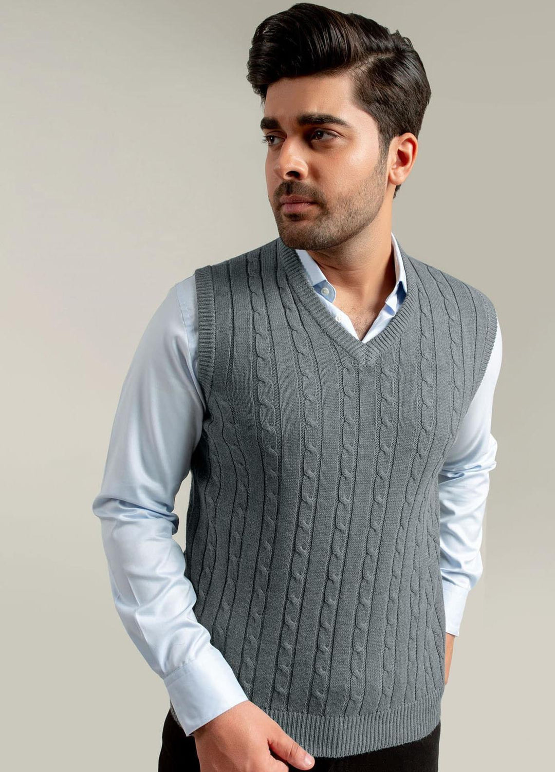 Brumano Acrylic Sleeveless Sweaters for Men - BM20WS Grey Sleeveless Cable Knitted Sweater