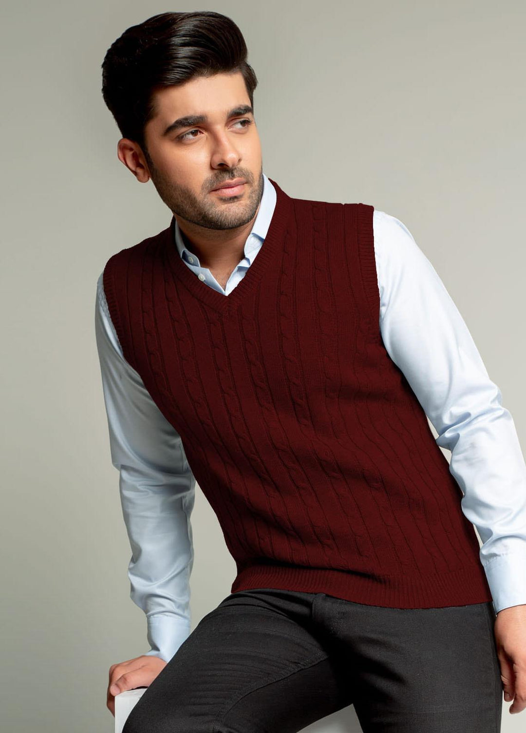Brumano Acrylic Sleeveless Sweaters for Men - BM20WS Maroon Sleeveless Cable Knitted Sweater