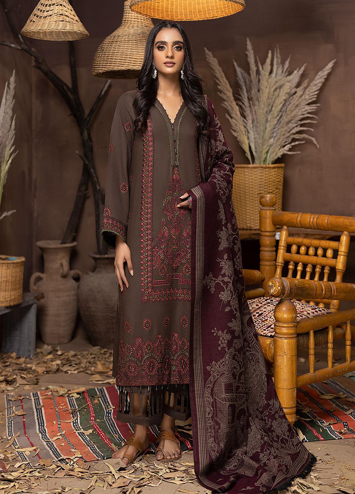 Vasl By Humdum Embroidered Leather Peach Suits Unstitched 3 Piece HD23V 05 - Winter Collection