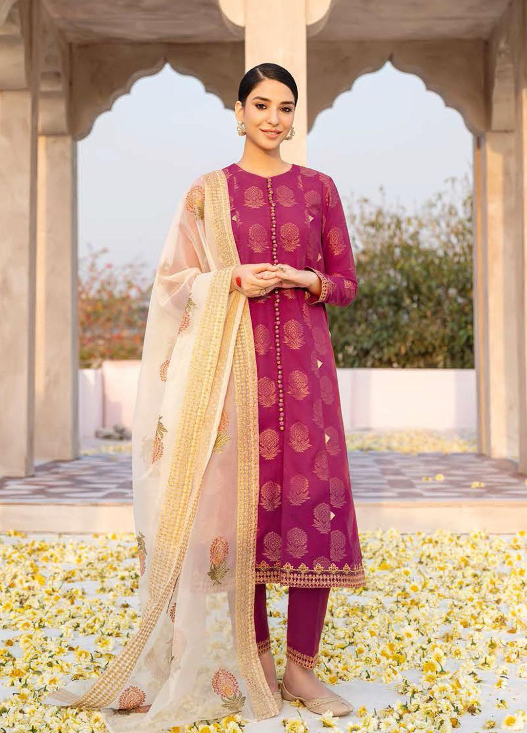 Cross Stitch Embroidered Jacquard Suits Unstitched 3 Piece CS23EL 02 Crimson Bloom - Eid Collection