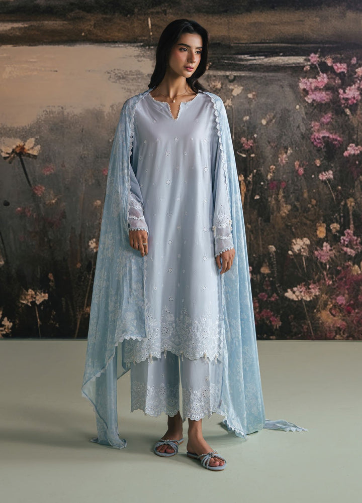 Cross Stitch Embroidered Lawn Suits Unstitched 3 Piece CS25UE D-08 Whispy Blue - Summer Collection