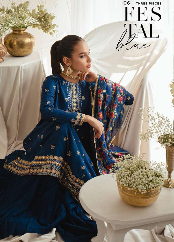 Luxe Atelier By Cross Stitch Embroidered Silk Suits Unstitched 3 Piece CS23LA 06 Festal Blue - Luxury Collection