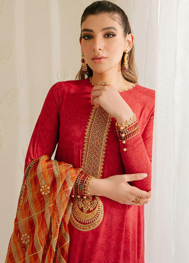 Cross Stitch Embroidered Silk Suits Unstitched 3 Piece CS23TBT Pompeian Red - Festive Collection