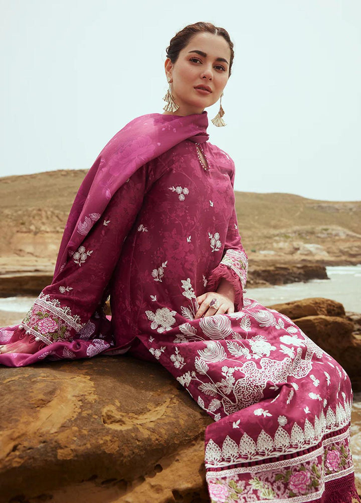 Cross Stitch Embroidered Cotton satin Suits Unstitched 3 Piece CS23CS D-02 Fuchsia Floret - Premium Collection