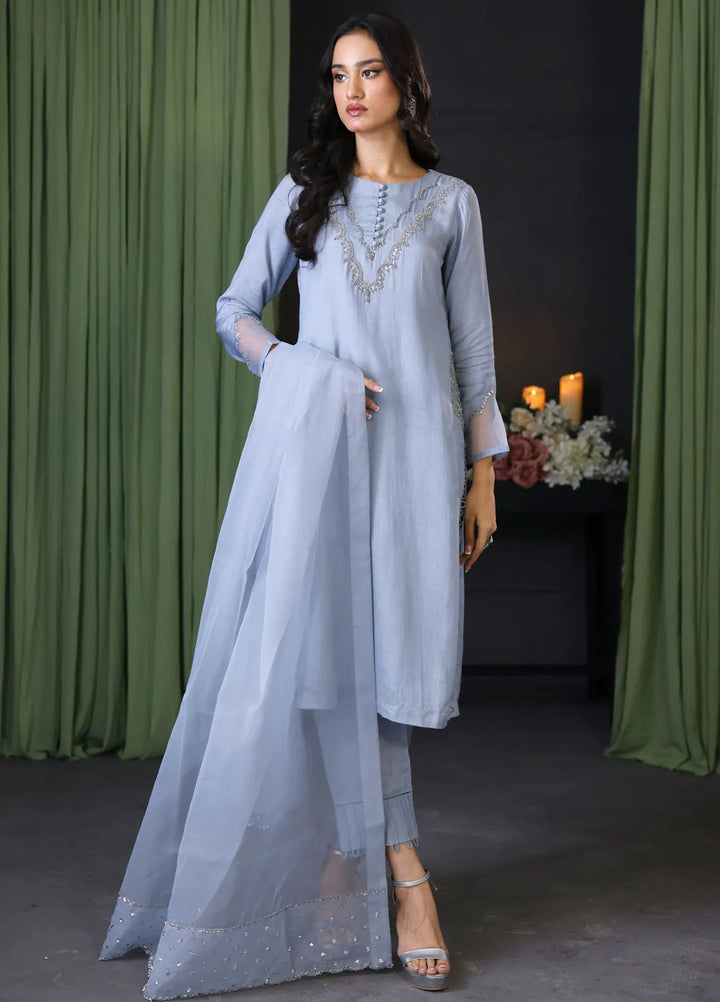 Cyanic Pret Embroidered Raw Silk 3 Piece Suit Icy Mist
