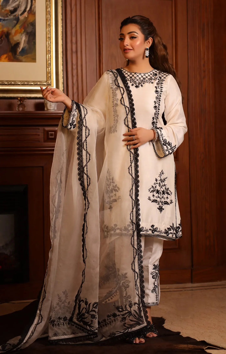 Nadia Khan Pret Embroidered Raw Silk 3 Piece Daisy White