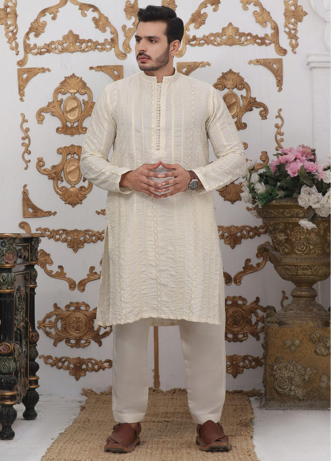 Bin Musab Raw Silk Formal Men Kurta Pajama - BM-000004 DeepSap Cream