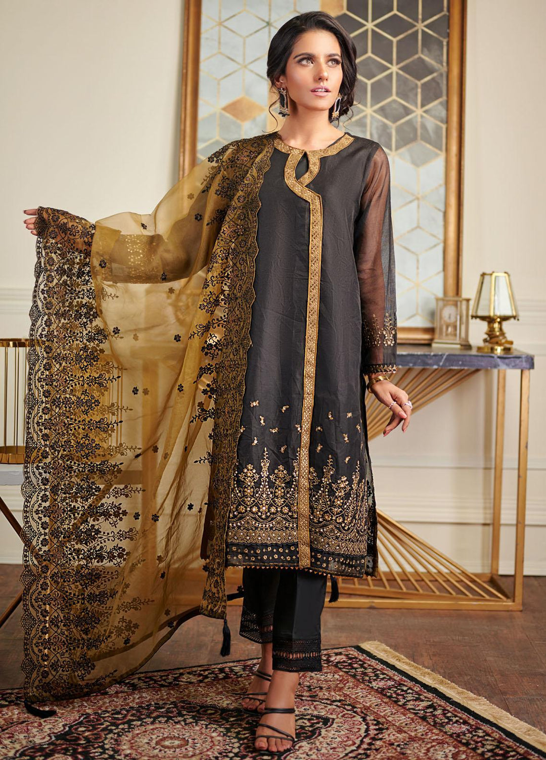 Dhanak Embroidered Organza Stitched 2 Piece Suit DA-1450 Black