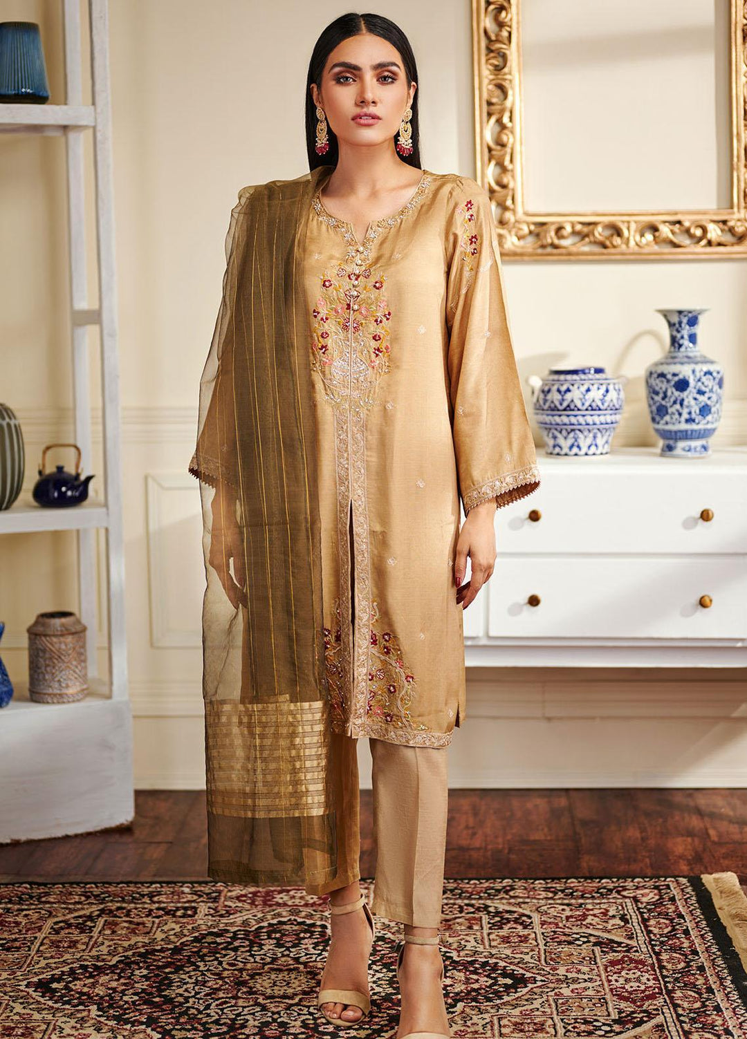 Dhanak Embroidered Raw Silk Stitched 2 Piece Suit DA-1461 Beige