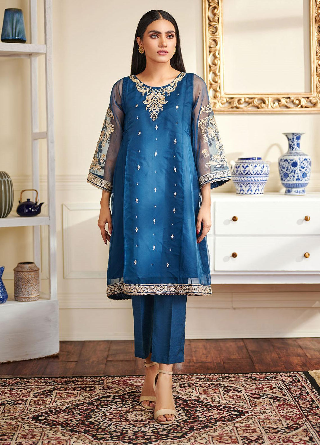 Dhanak Embroidered Organza Stitched Kurtis DA-1476 Blue