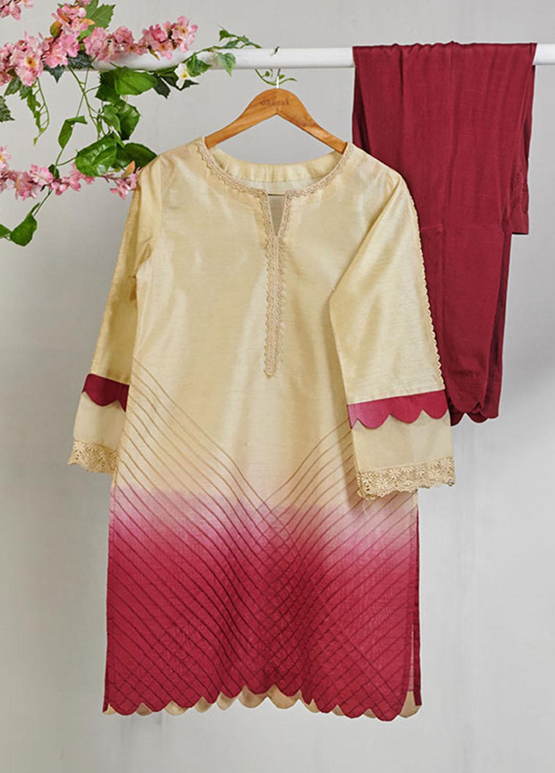 Dhanak Embroidered Cotton Stitched 2 Piece Suit DA-1503 Maroon Dip Dye